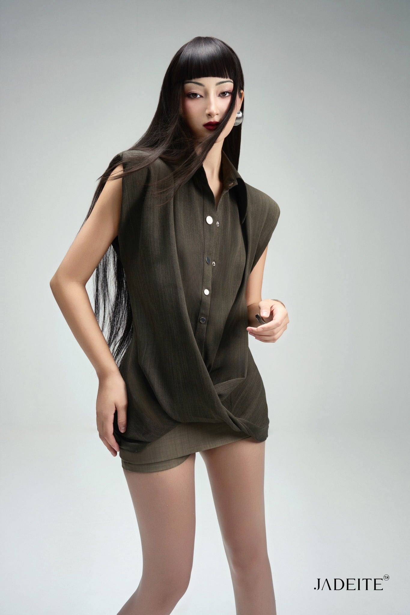 Twist Moss Green Shirt & Ash Grey  Short-skirt