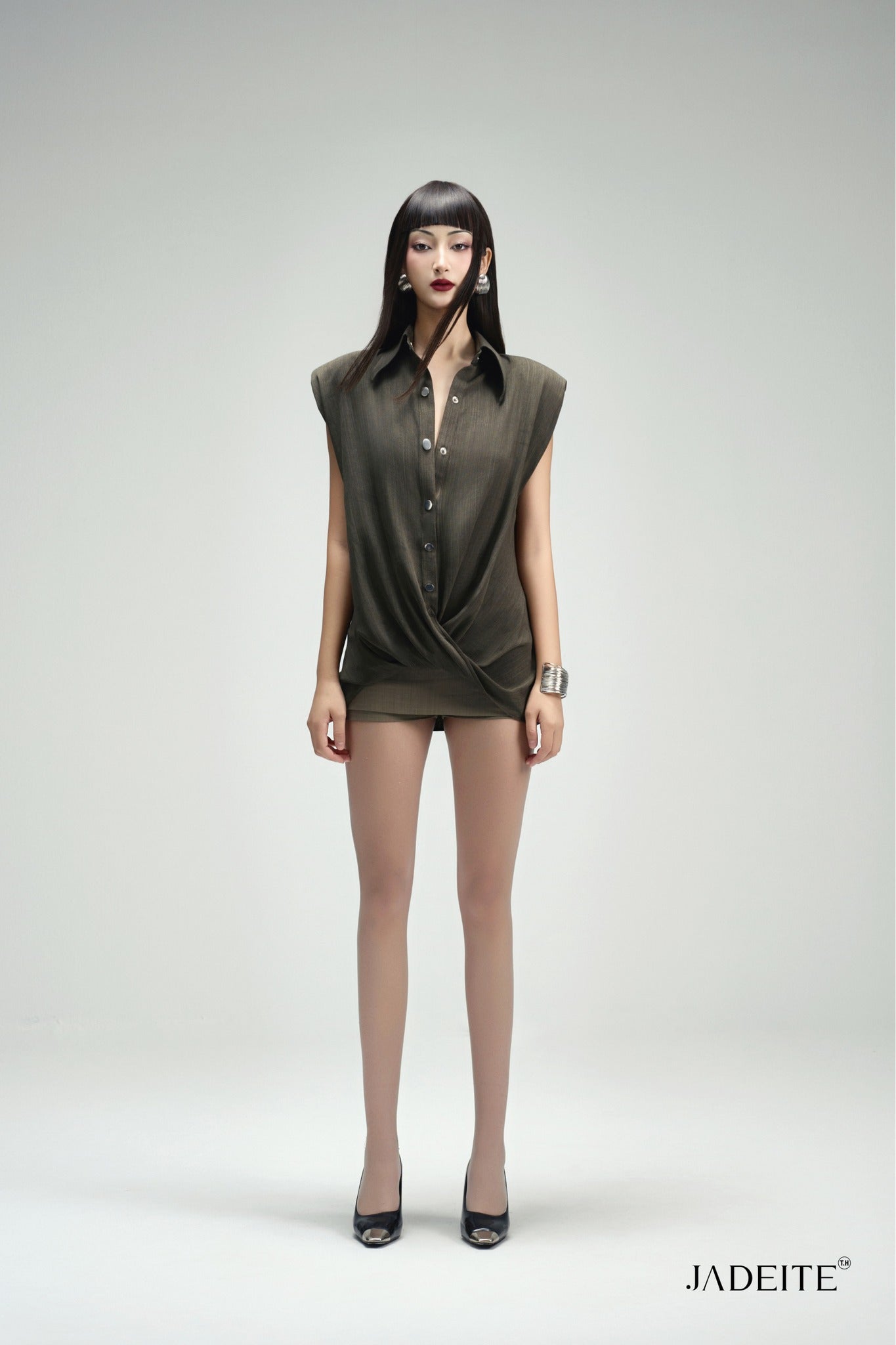 Twist Moss Green Shirt & Ash Grey  Short-skirt